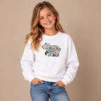 Girl wearing the White Floral Mini Bear Youth Sweatshirt