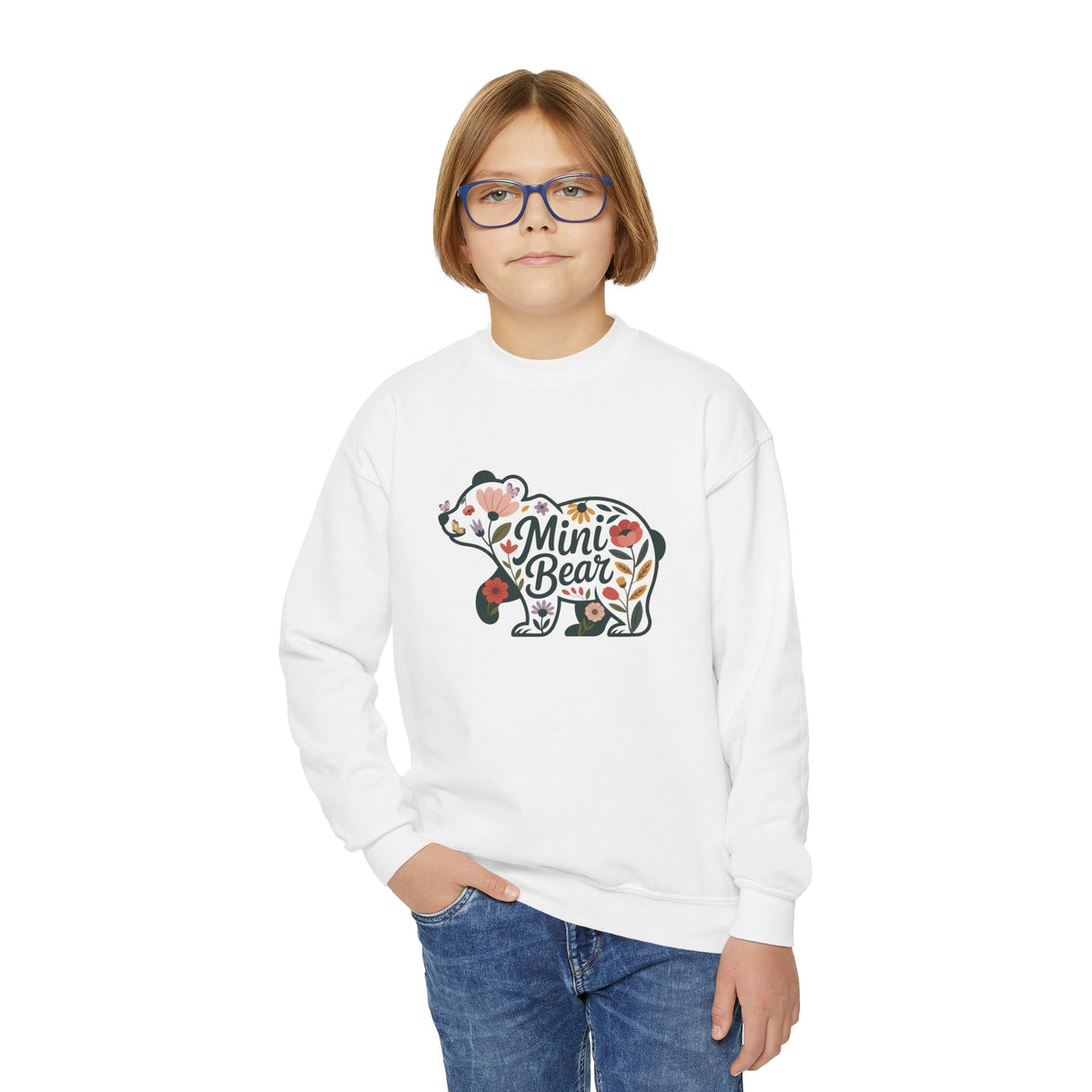 Boy wearing the Floral Mini Bear Youth Sweatshirt