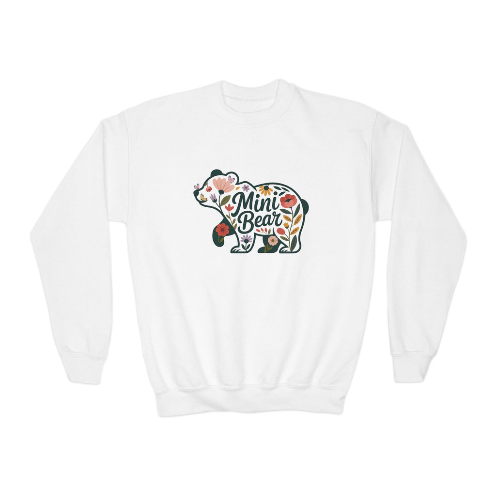 White Floral Mini Bear Youth Sweatshirt, front view