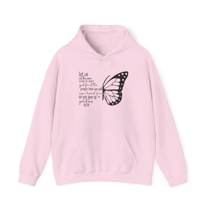 Light Pink Galatians 6:9 Do Not Give Up butterfly hoodie, front view