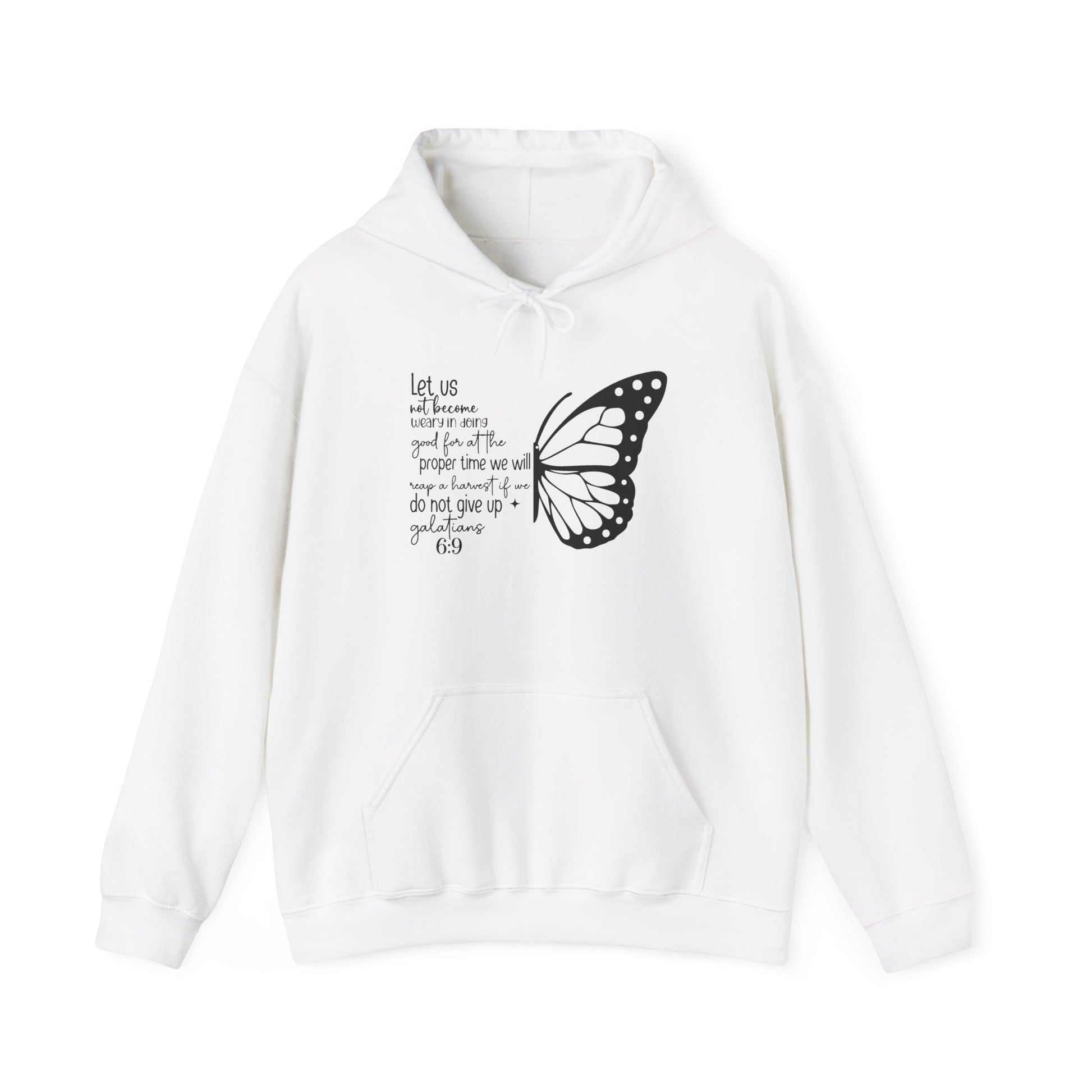 White Galatians 6:9 Do Not Give Up butterfly hoodie, front view