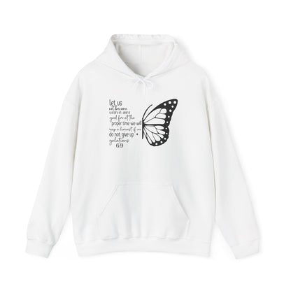 White Galatians 6:9 Do Not Give Up butterfly hoodie, front view