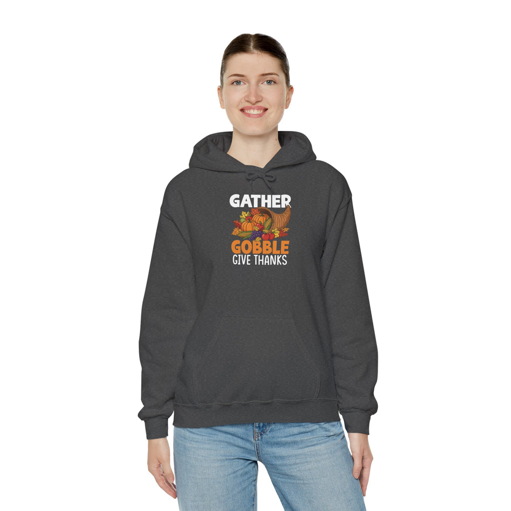 Model wearing the dark heather Gather Gobble Give Thanks Hoodie