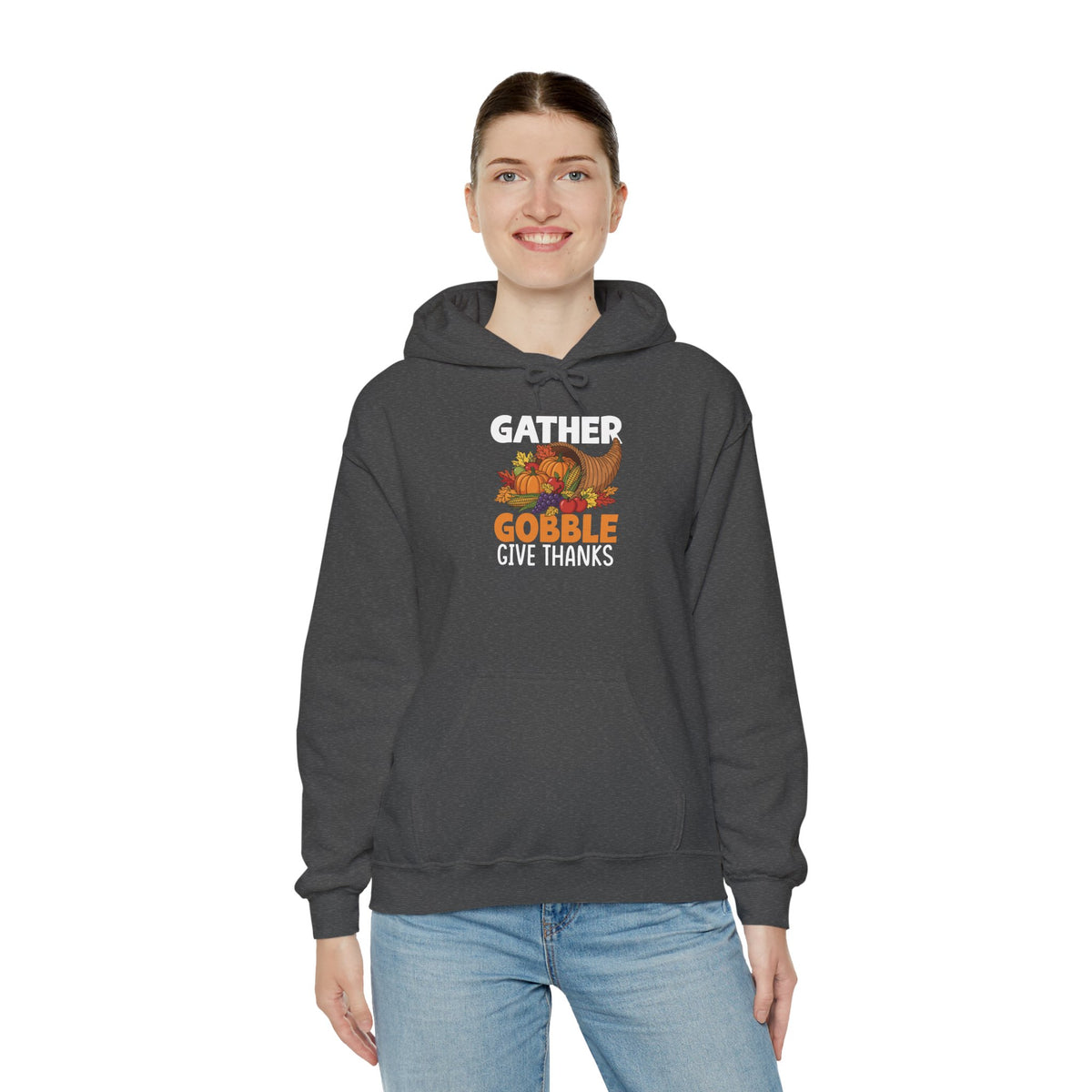 Model wearing the dark heather Gather Gobble Give Thanks Hoodie