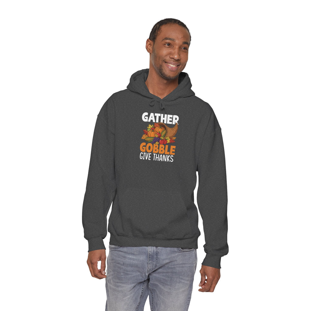 Model wearing the dark heather Gather Gobble Give Thanks Hoodie