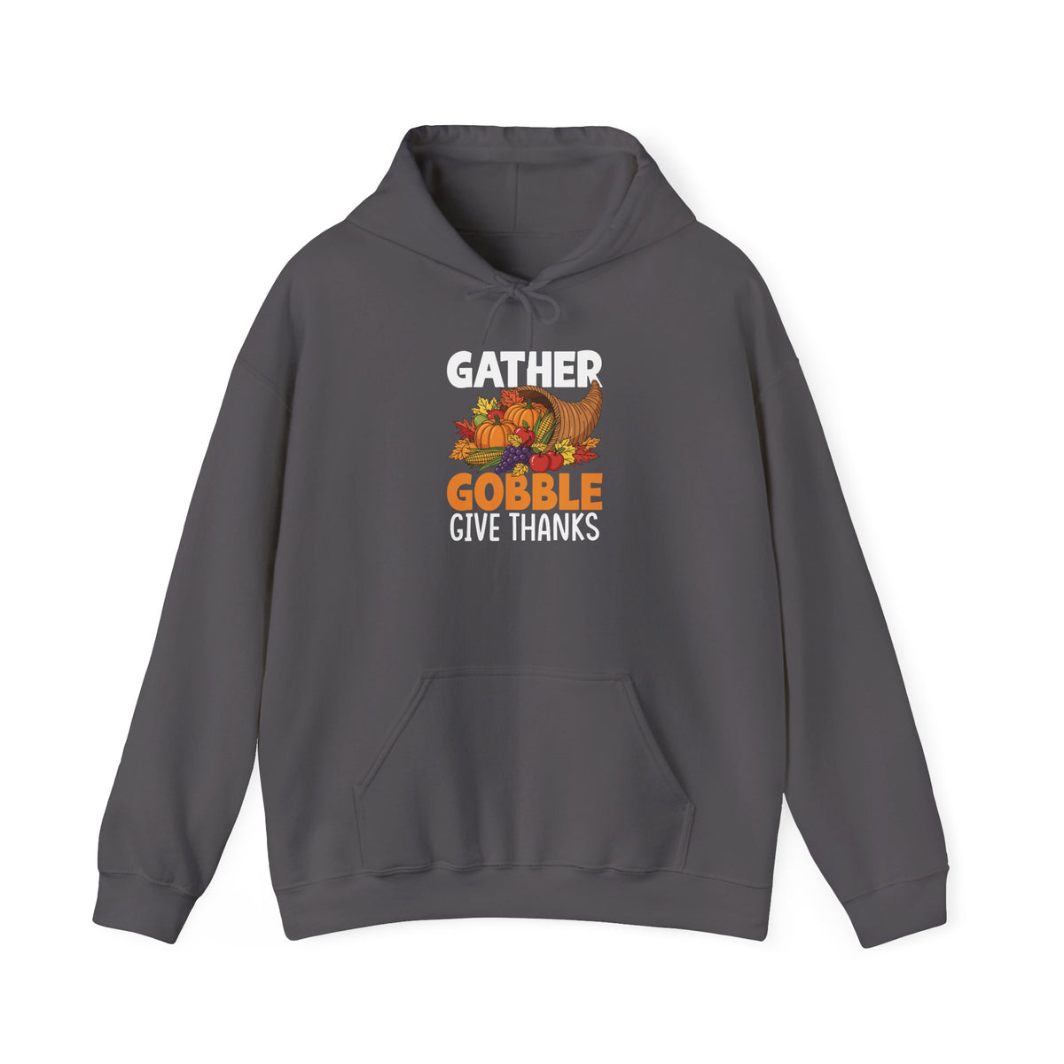 Charcoal Gather Gobble Give Thanks hoodie with a harvest cornucopia of pumpkins, corn and autumn leaves, front view