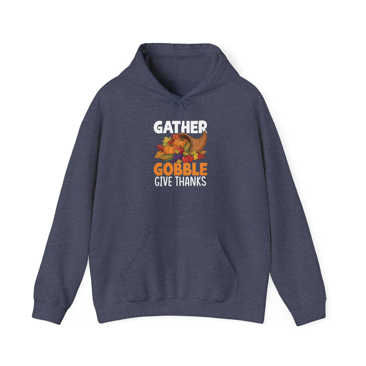 Heather Sport Dark Navy Gather Gobble Give Thanks hoodie with a harvest cornucopia of pumpkins, corn and autumn leaves, front view