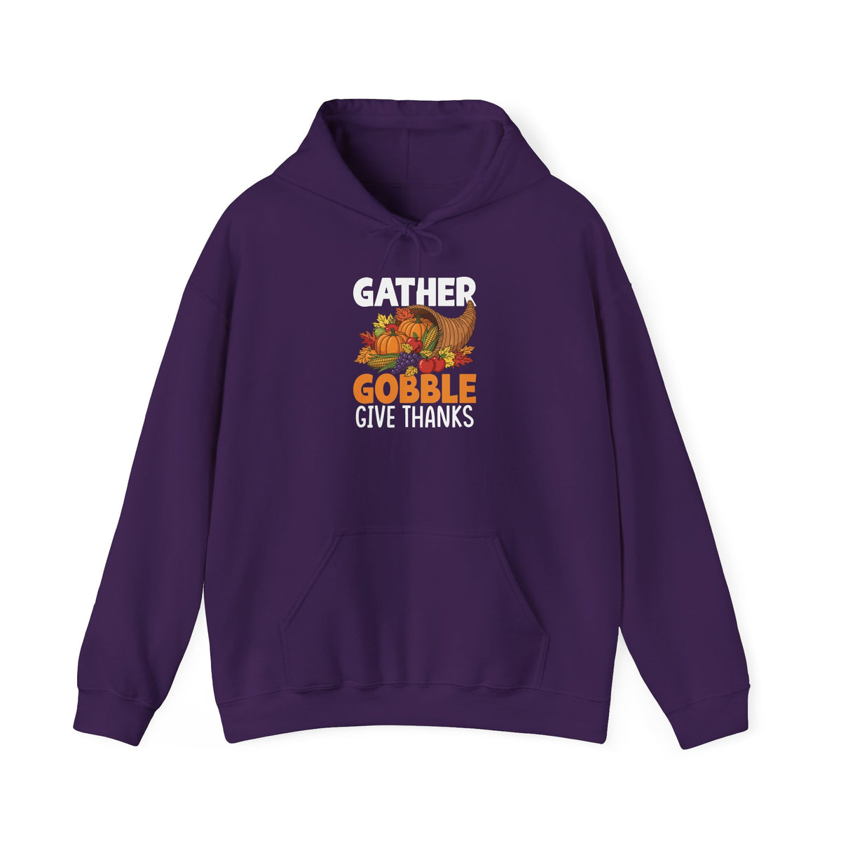 Purple Gather Gobble Give Thanks hoodie with a harvest cornucopia of pumpkins, corn and autumn leaves, front view