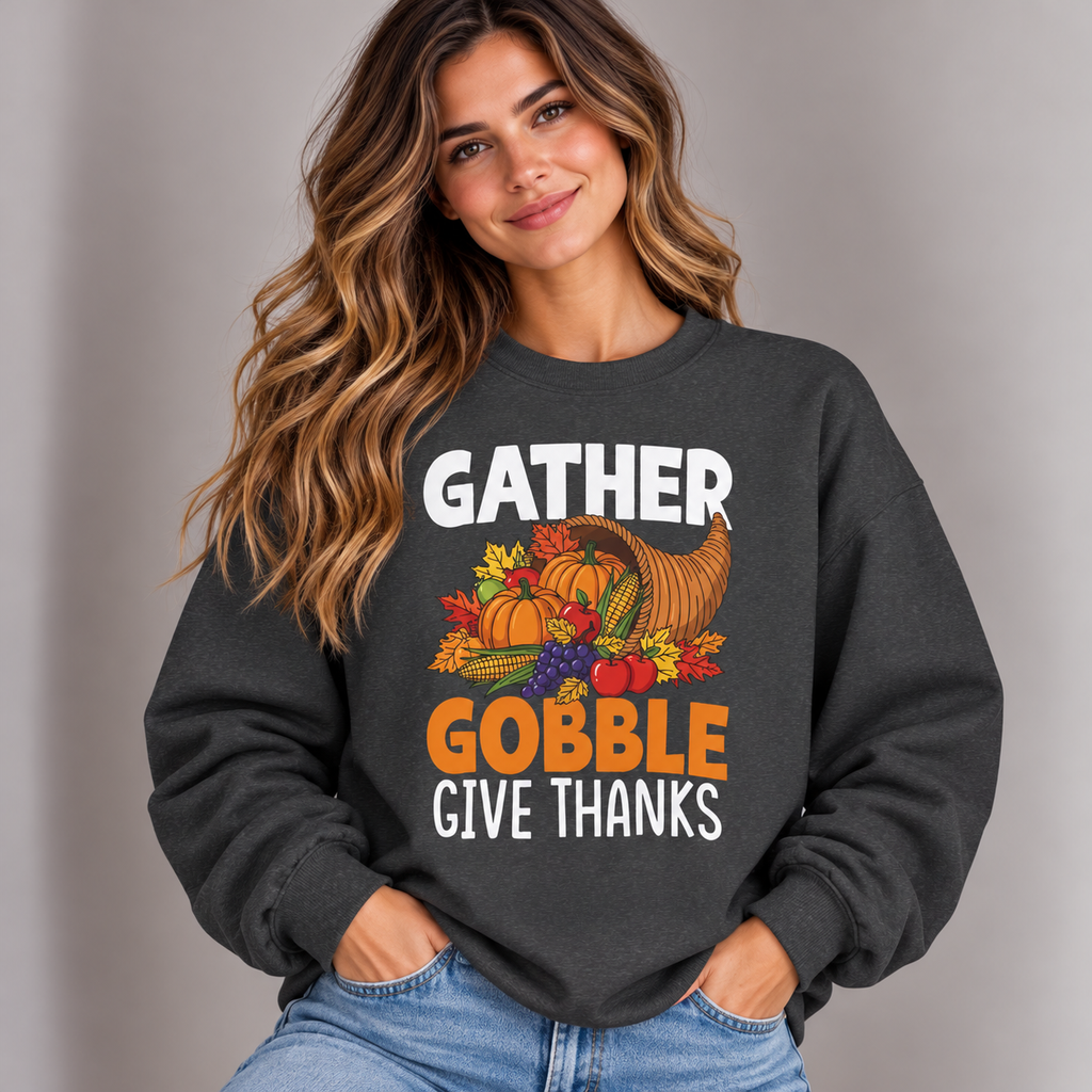 Woman wearing the Dark Heather Gather Gobble Give Thanks Sweatshirt with jeans