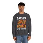 Model wearing the dark heather Gather Gobble Give Thanks Sweatshirt