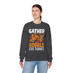 Model wearing the dark heather Gather Gobble Give Thanks Sweatshirt