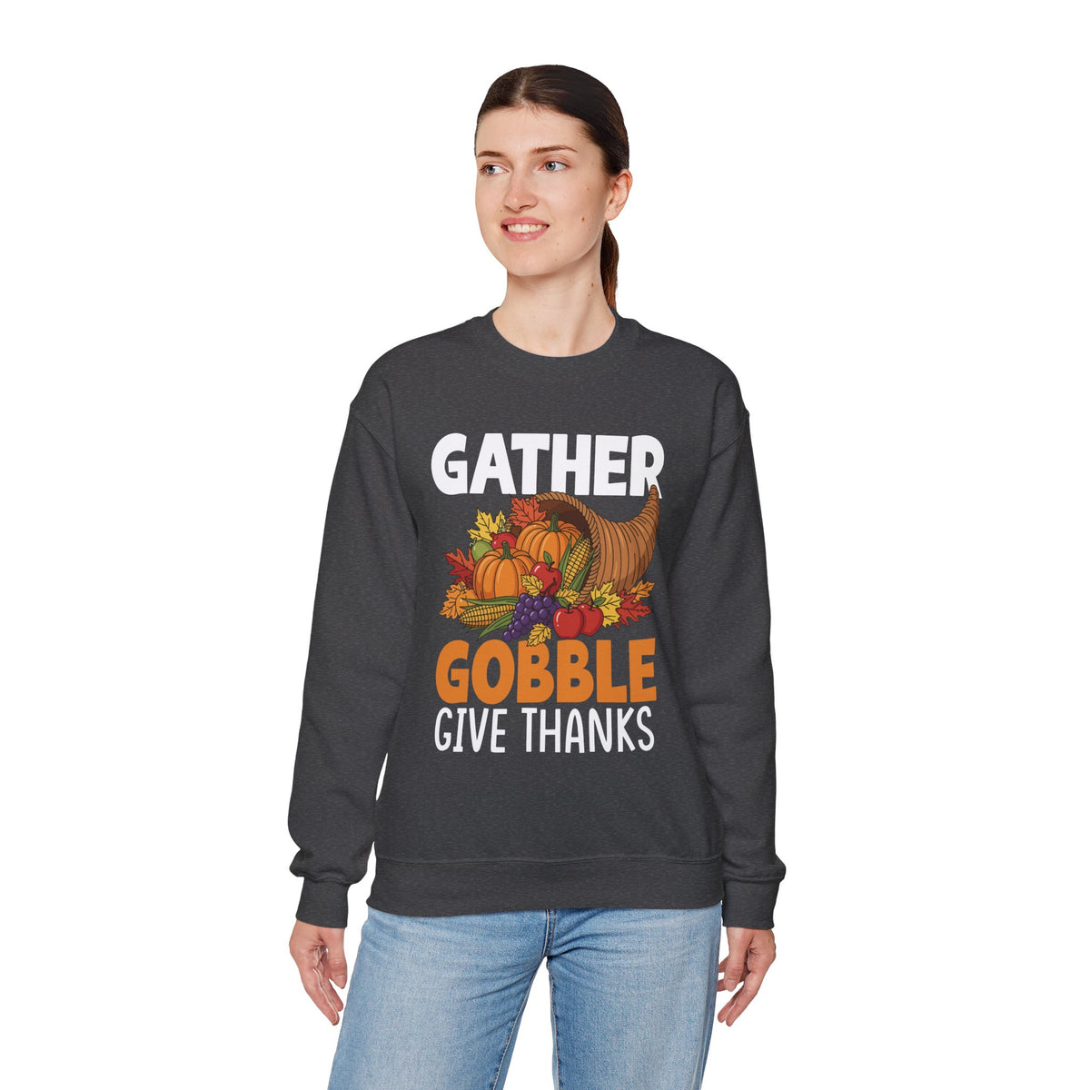 Model wearing the dark heather Gather Gobble Give Thanks Sweatshirt