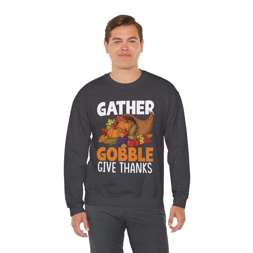 Model wearing the dark heather Gather Gobble Give Thanks Sweatshirt