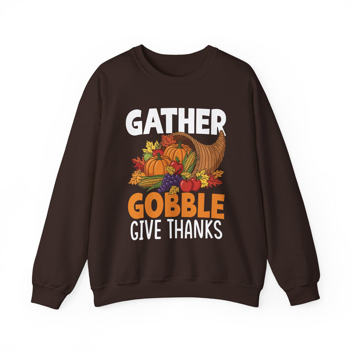 Dark Chocolate Gather Gobble Give Thanks sweatshirt with a harvest cornucopia of pumpkins, corn and autumn leaves, front view