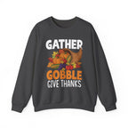 Dark Heather Gather Gobble Give Thanks sweatshirt with a harvest cornucopia of pumpkins, corn and autumn leaves, front view