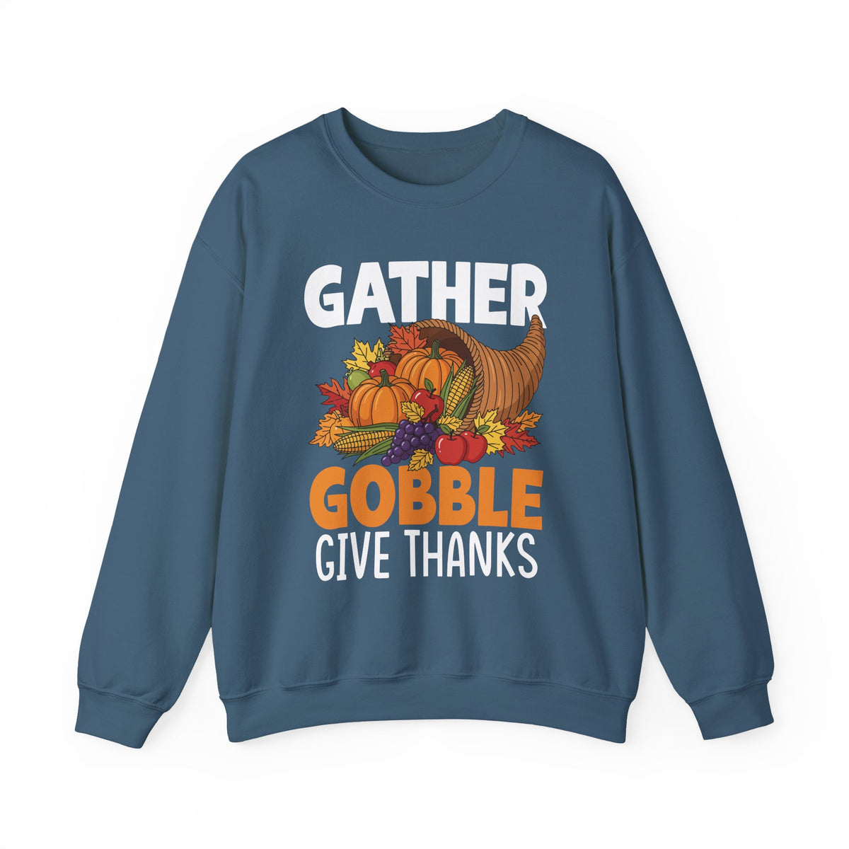 Indigo Blue Gather Gobble Give Thanks sweatshirt with a harvest cornucopia of pumpkins, corn and autumn leaves, front view