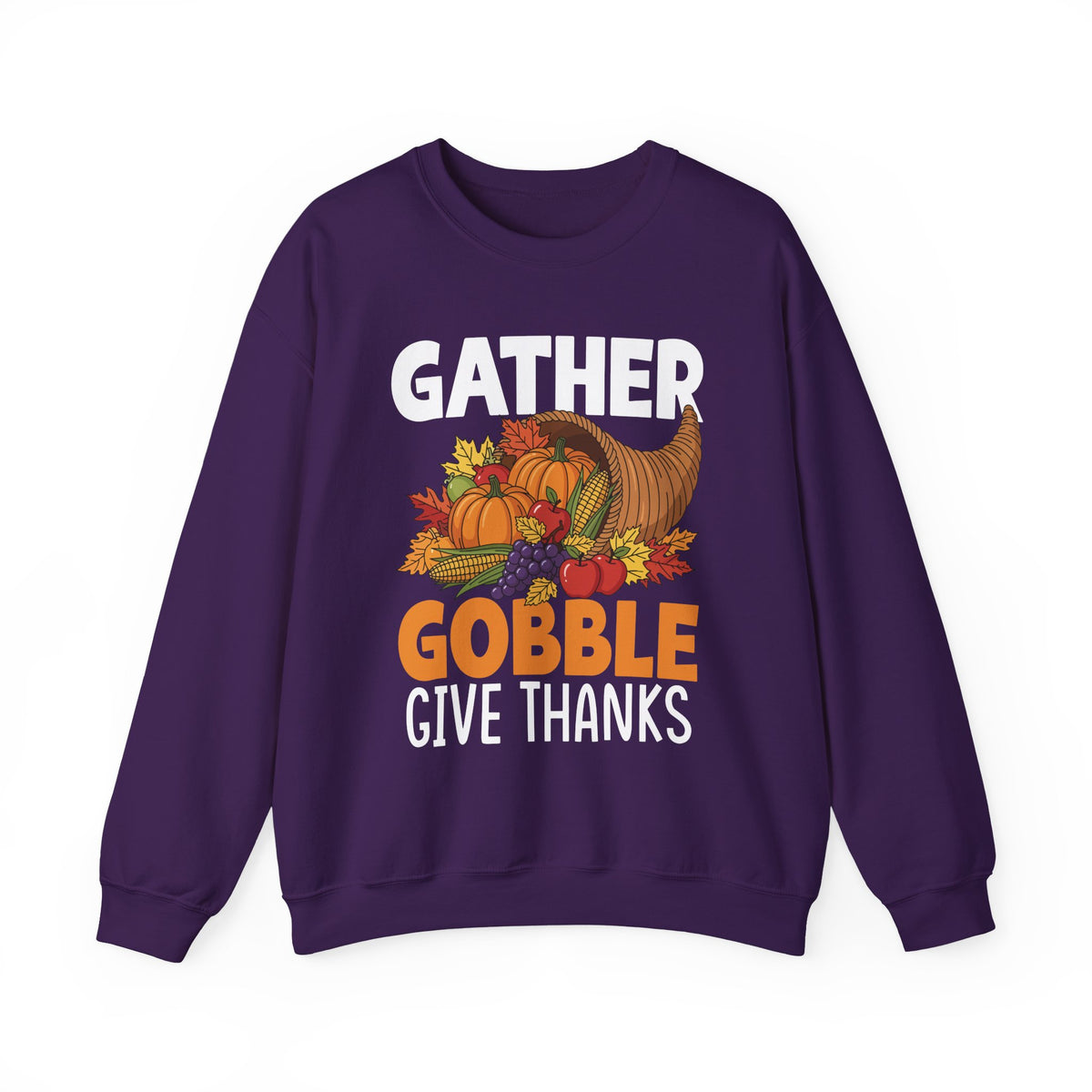 Purple Gather Gobble Give Thanks sweatshirt with a harvest cornucopia of pumpkins, corn and autumn leaves, front view