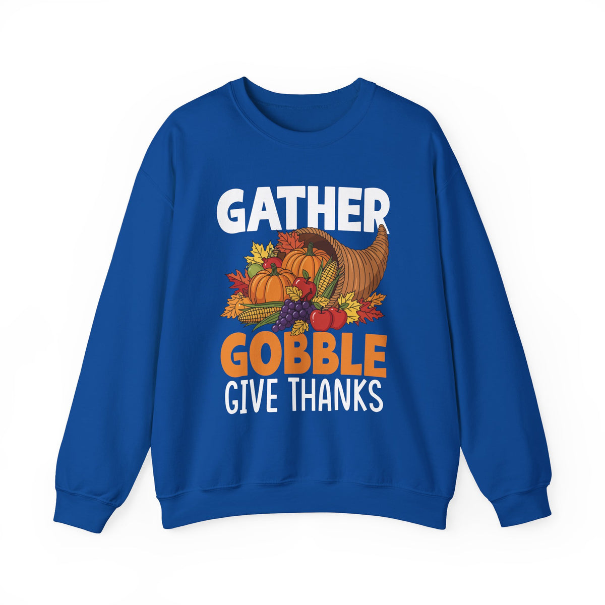 Royal Gather Gobble Give Thanks sweatshirt with a harvest cornucopia of pumpkins, corn and autumn leaves, front view