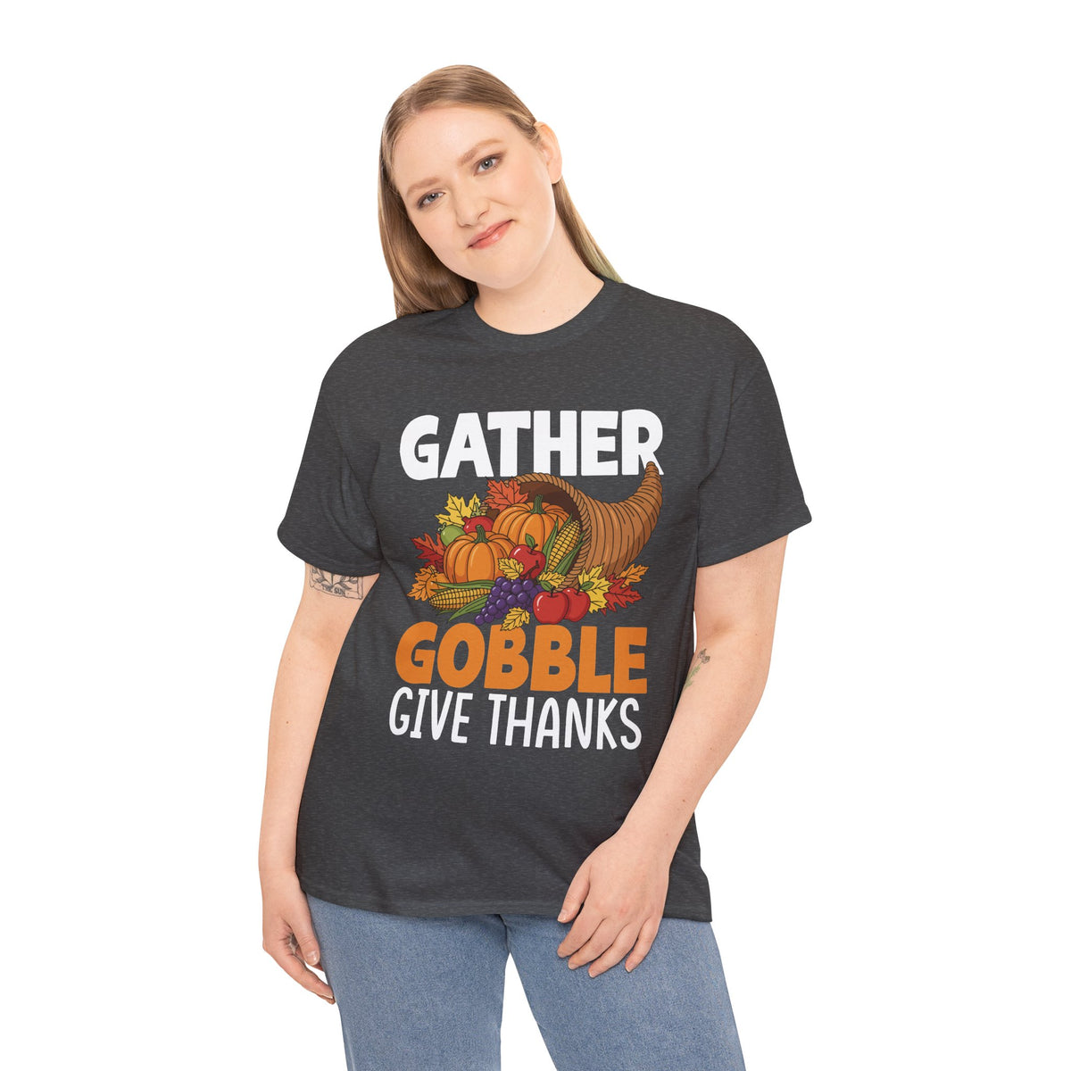 Model wearing the dark heather Gather Gobble Give Thanks T-Shirt