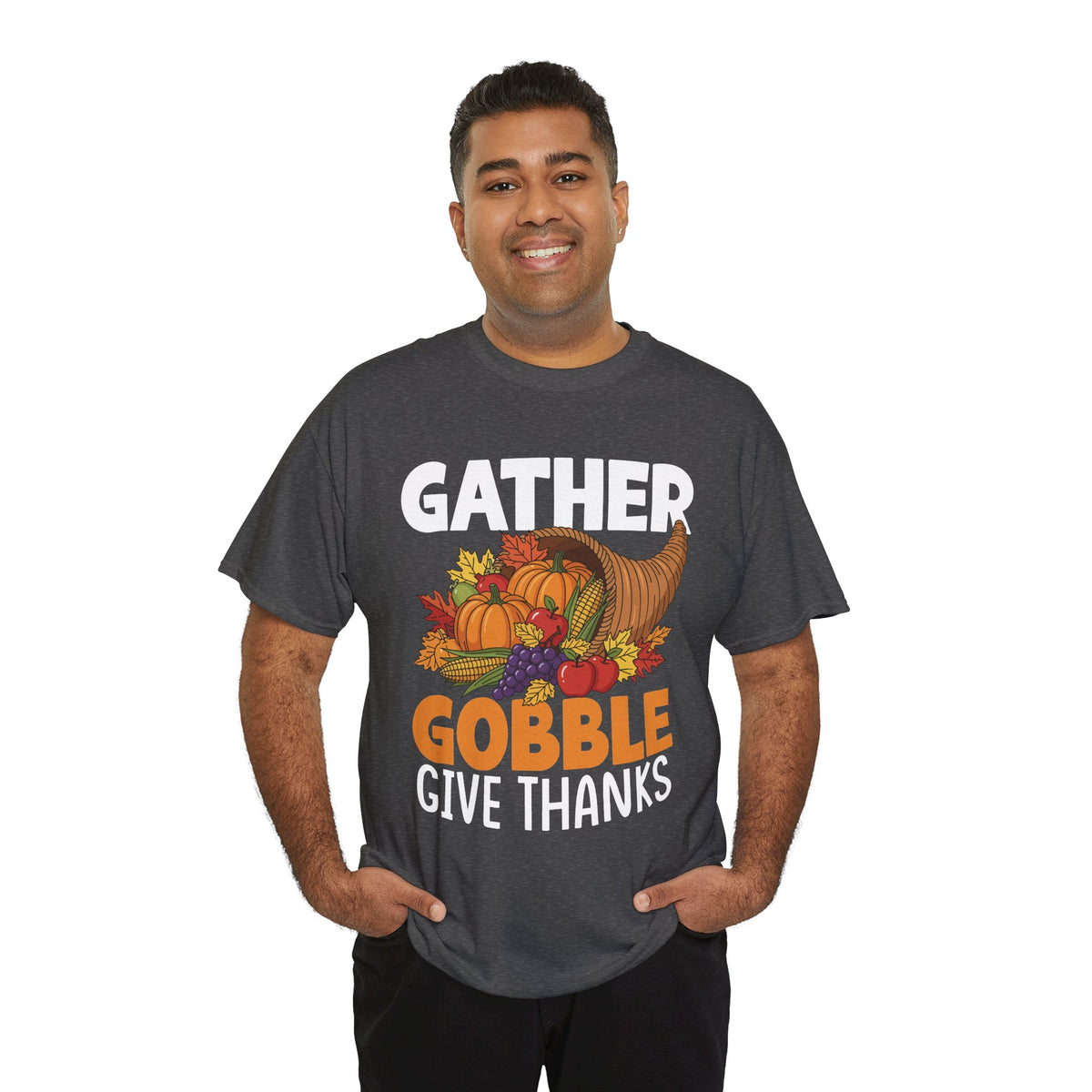 Model wearing the dark heather Gather Gobble Give Thanks T-Shirt