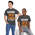 Model wearing the dark heather Gather Gobble Give Thanks T-Shirt