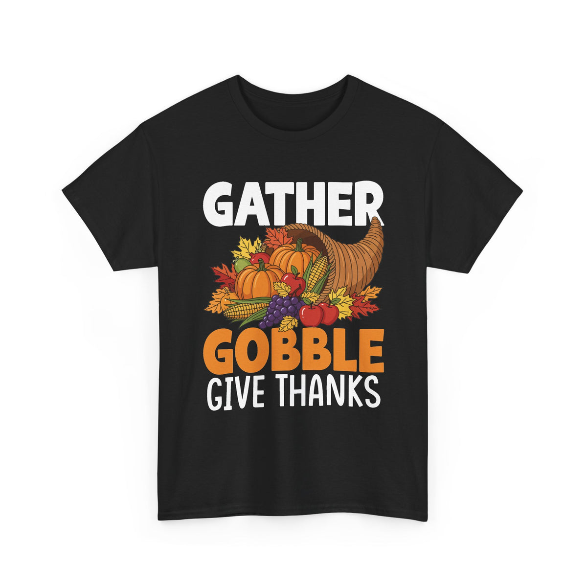 Black Gather Gobble Give Thanks t-shirt with a harvest cornucopia of pumpkins, corn and autumn leaves, front view