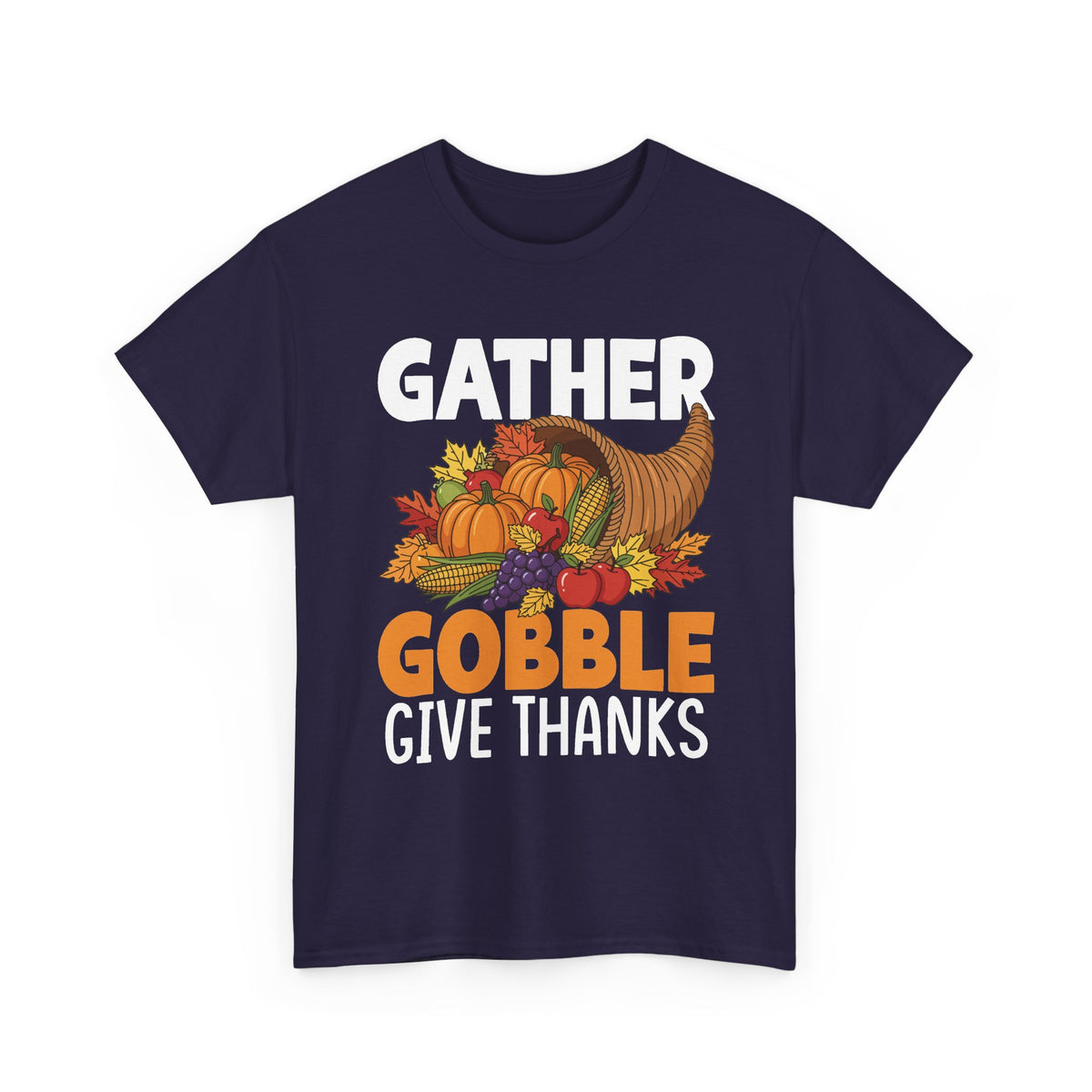 Blackberry Gather Gobble Give Thanks t-shirt with a harvest cornucopia of pumpkins, corn and autumn leaves, front view