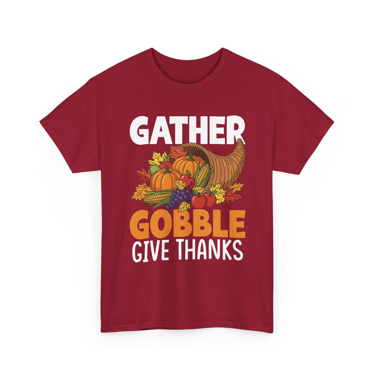 Cardinal Red Gather Gobble Give Thanks t-shirt with a harvest cornucopia of pumpkins, corn and autumn leaves, front view