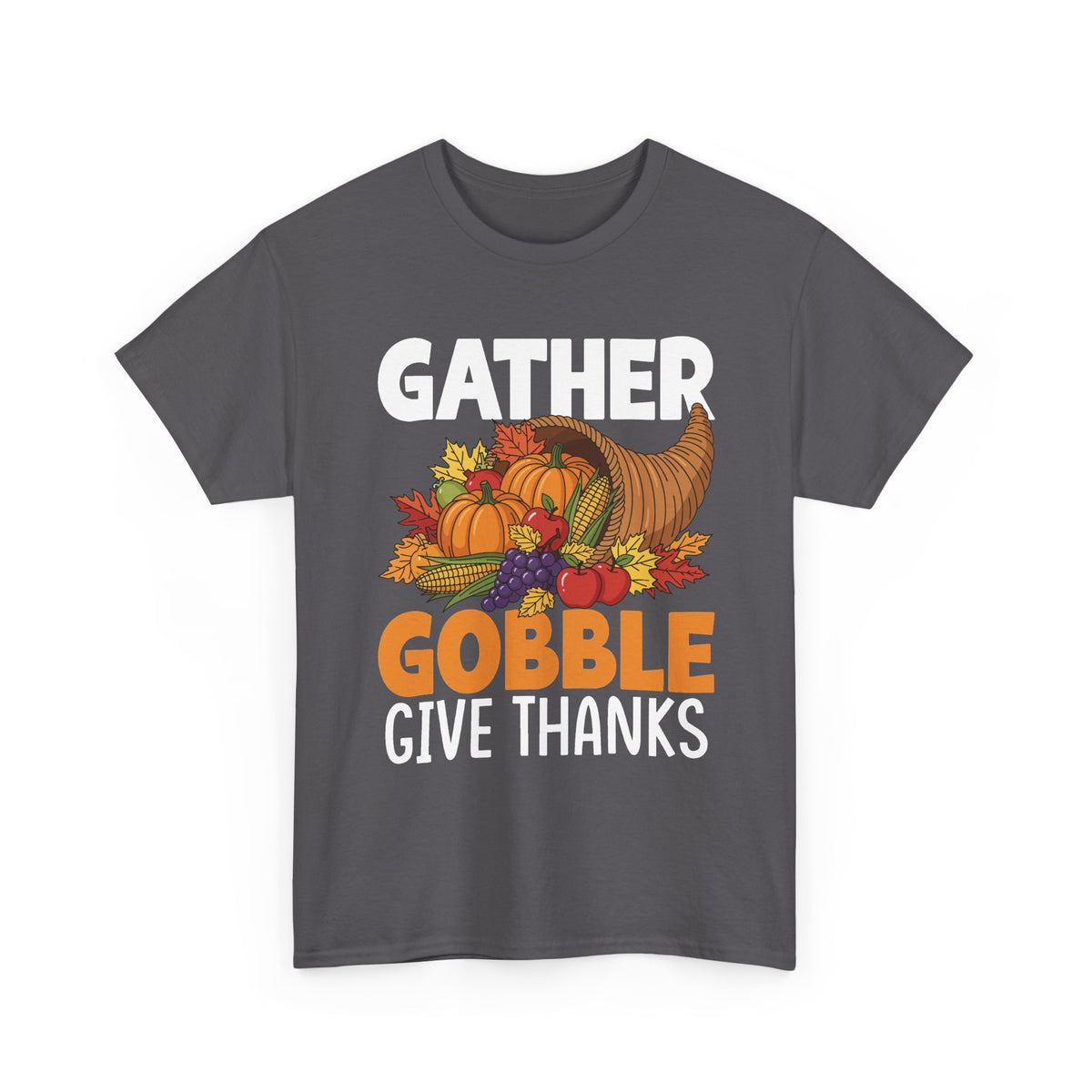 Charcoal Gather Gobble Give Thanks t-shirt with a harvest cornucopia of pumpkins, corn and autumn leaves, front view
