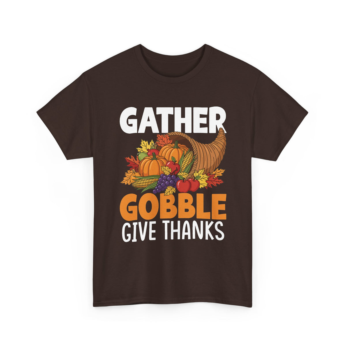 Dark Chocolate Gather Gobble Give Thanks t-shirt with a harvest cornucopia of pumpkins, corn and autumn leaves, front view