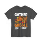 Dark Heather Gather Gobble Give Thanks t-shirt with a harvest cornucopia of pumpkins, corn and autumn leaves, front view