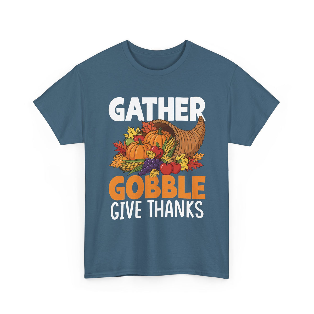 Indigo Blue Gather Gobble Give Thanks t-shirt with a harvest cornucopia of pumpkins, corn and autumn leaves, front view