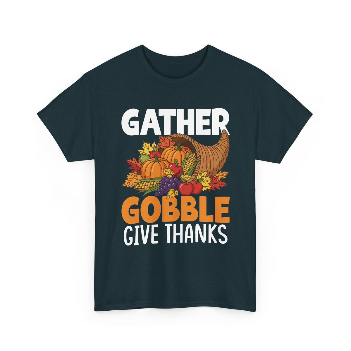 Midnight Gather Gobble Give Thanks t-shirt with a harvest cornucopia of pumpkins, corn and autumn leaves, front view