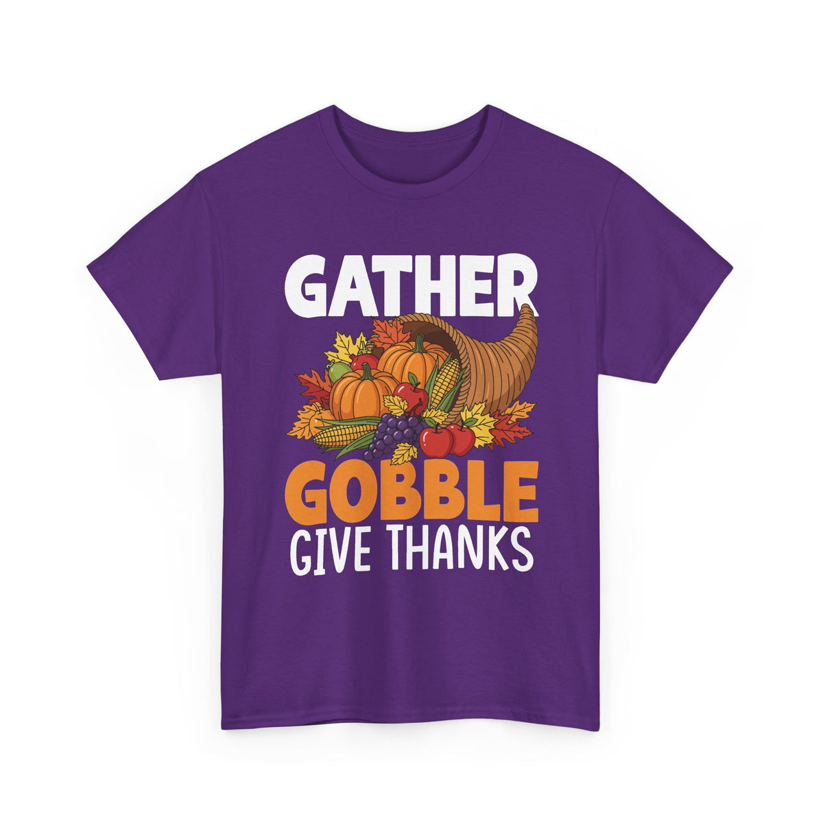 Purple Gather Gobble Give Thanks t-shirt with a harvest cornucopia of pumpkins, corn and autumn leaves, front view