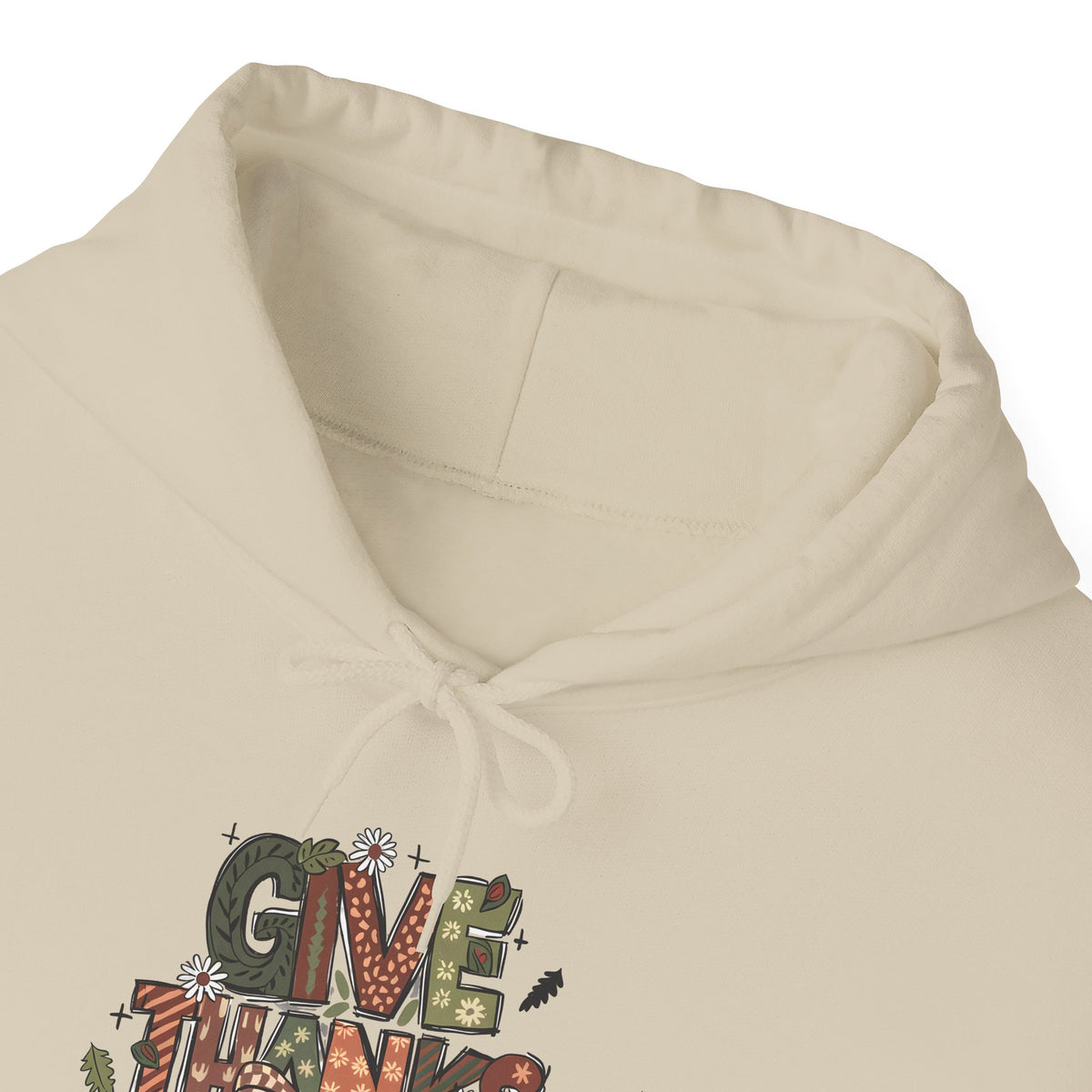 Give Thanks Hoodie, front collar close-up