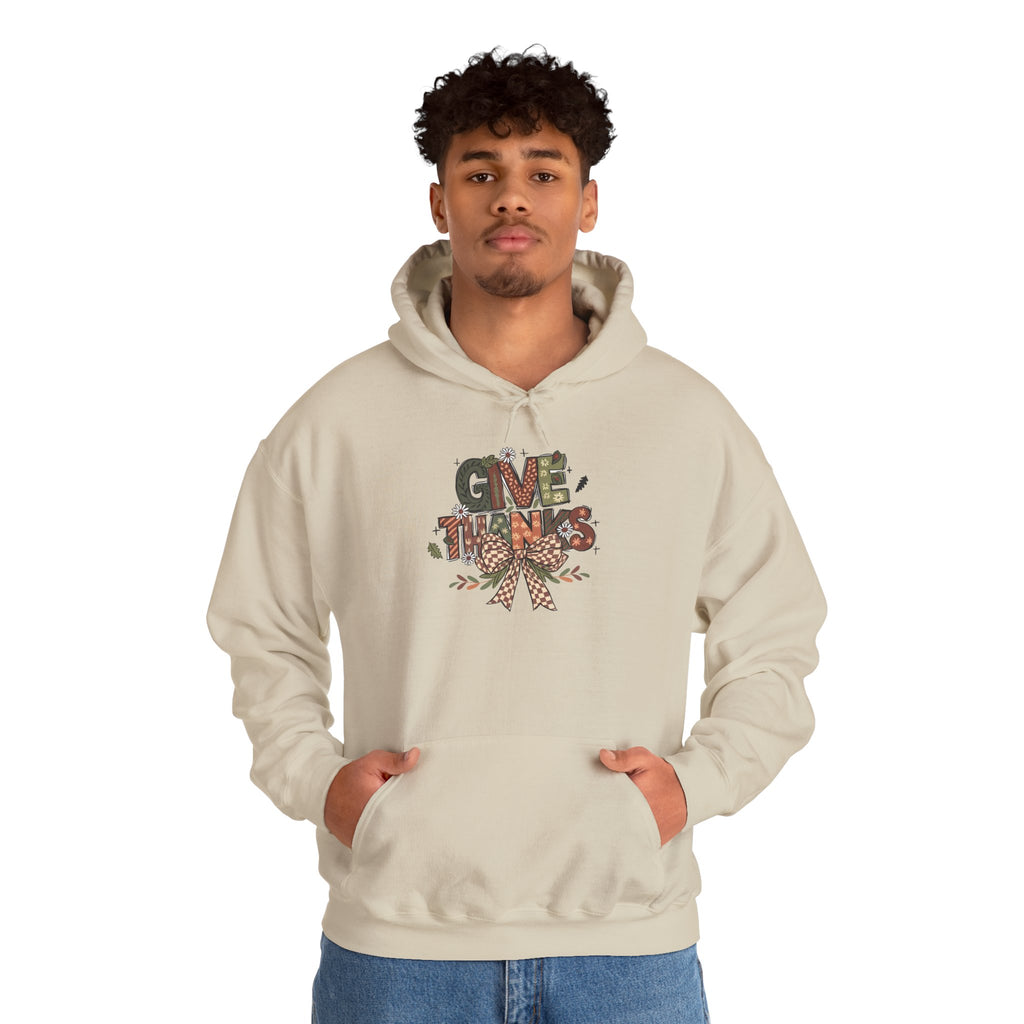 Model wearing the sand Give Thanks Hoodie
