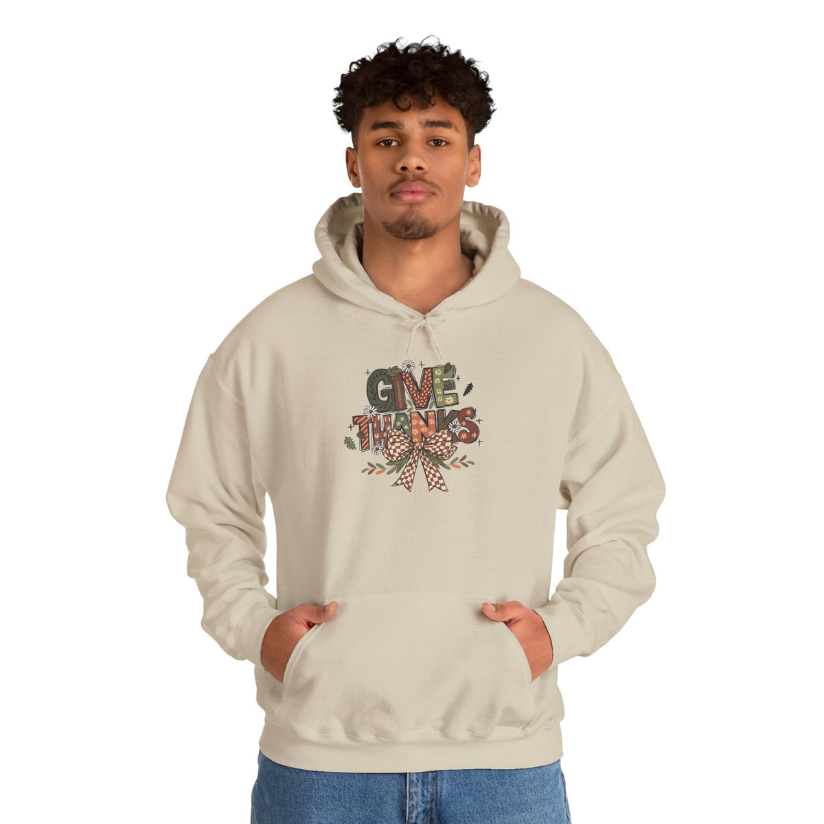 Model wearing the sand Give Thanks Hoodie