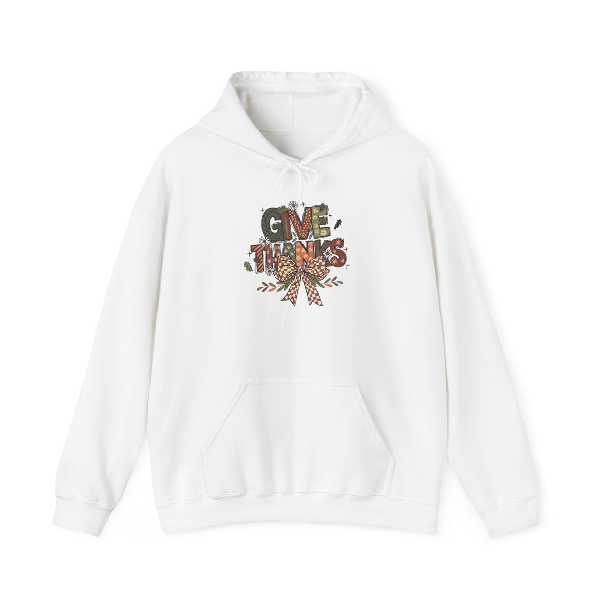 White Give Thanks hoodie with patterned autumn lettering, a gingham bow and fall leaves, front view