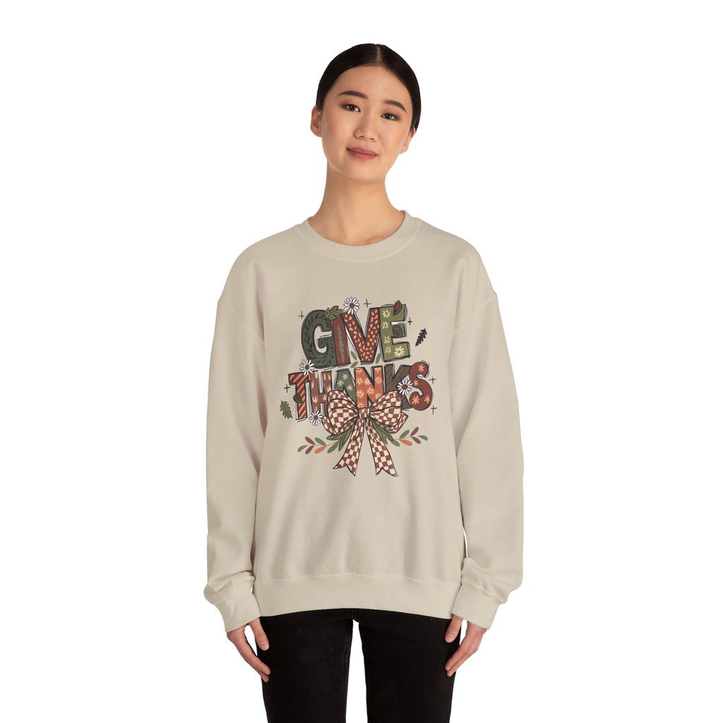 Model wearing the sand Give Thanks Sweatshirt