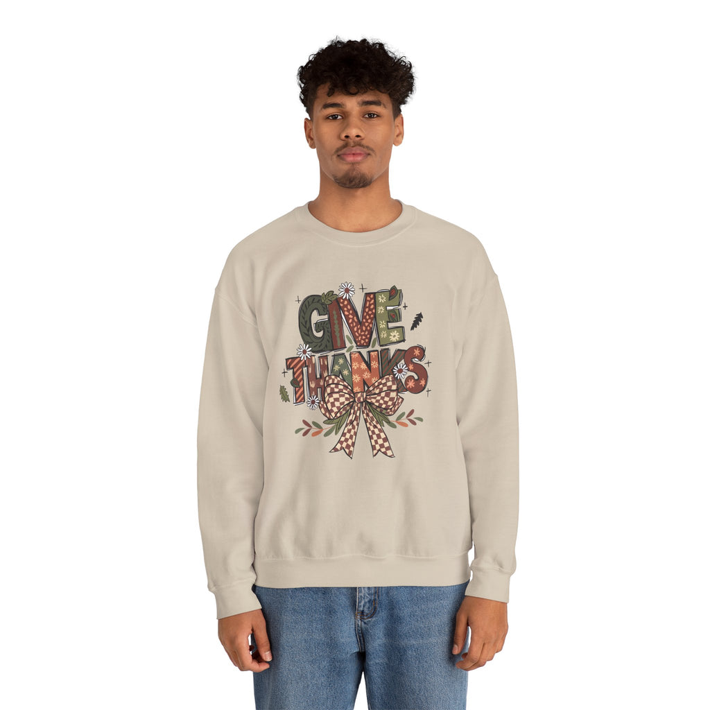 Model wearing the sand Give Thanks Sweatshirt