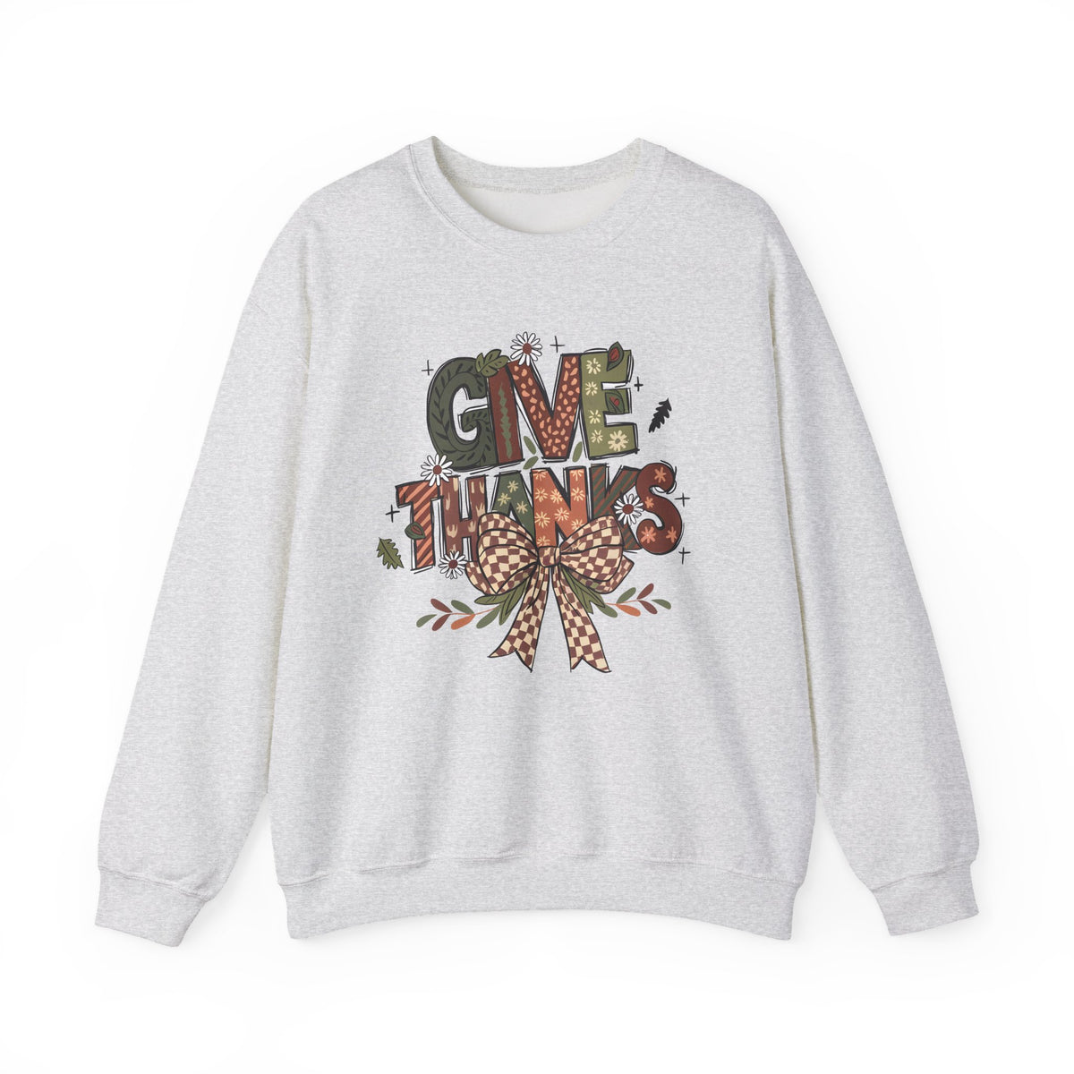 Ash Give Thanks sweatshirt with patterned autumn lettering, a gingham bow and fall leaves, front view