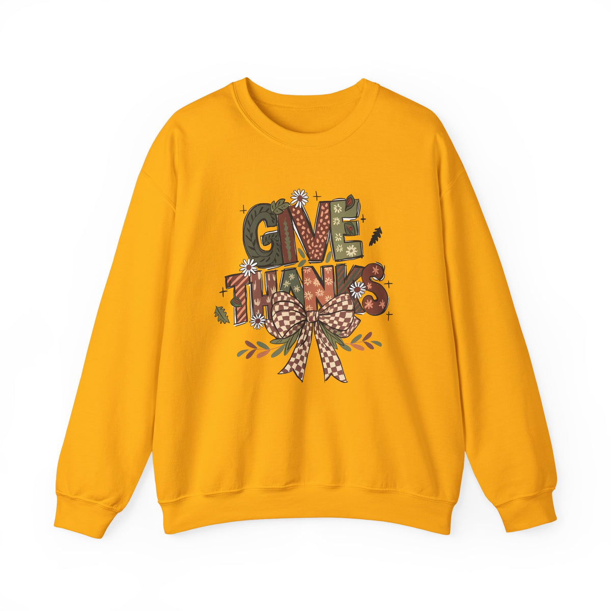 Gold Give Thanks sweatshirt with patterned autumn lettering, a gingham bow and fall leaves, front view