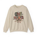 Sand Give Thanks sweatshirt with patterned autumn lettering, a gingham bow and fall leaves, front view