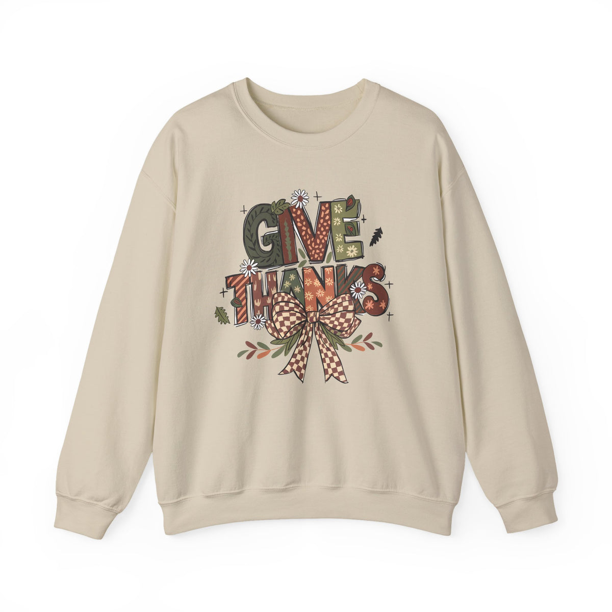 Sand Give Thanks sweatshirt with patterned autumn lettering, a gingham bow and fall leaves, front view