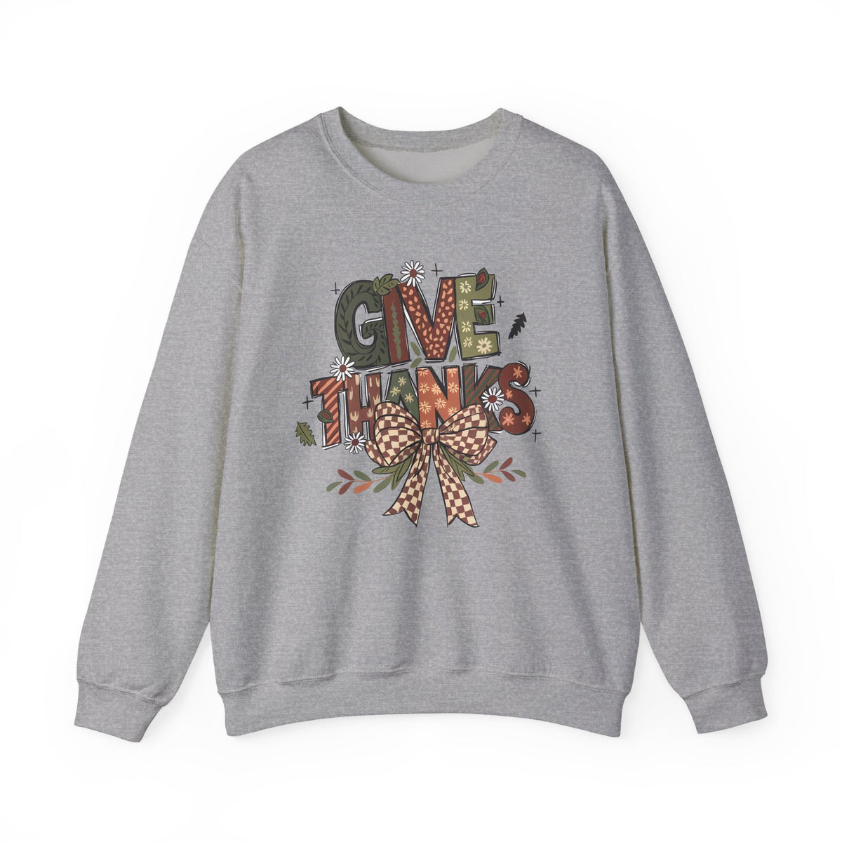 Sport Grey Give Thanks sweatshirt with patterned autumn lettering, a gingham bow and fall leaves, front view