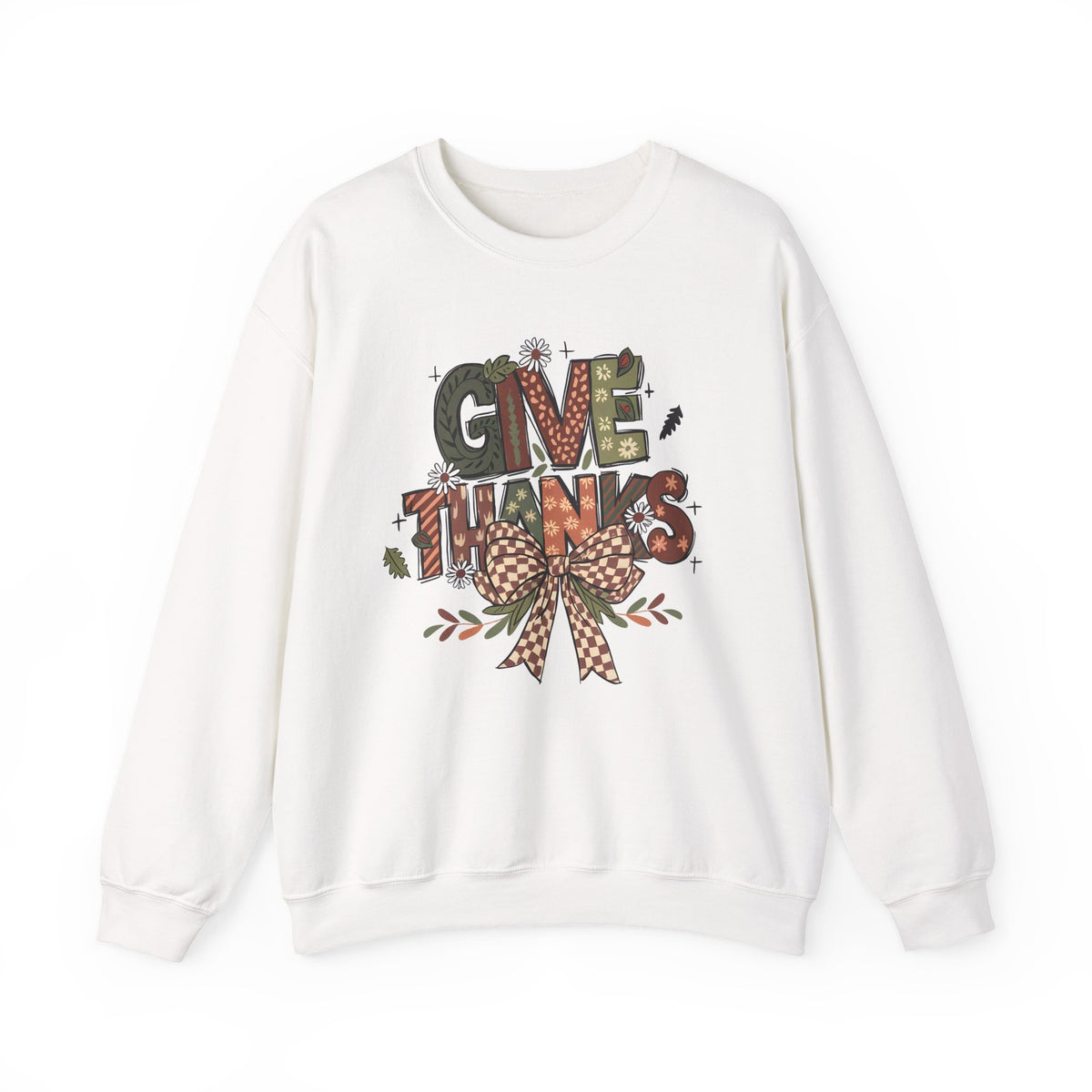 White Give Thanks sweatshirt with patterned autumn lettering, a gingham bow and fall leaves, front view