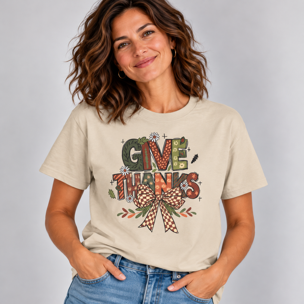 Woman wearing the Sand Give Thanks T-Shirt with jeans