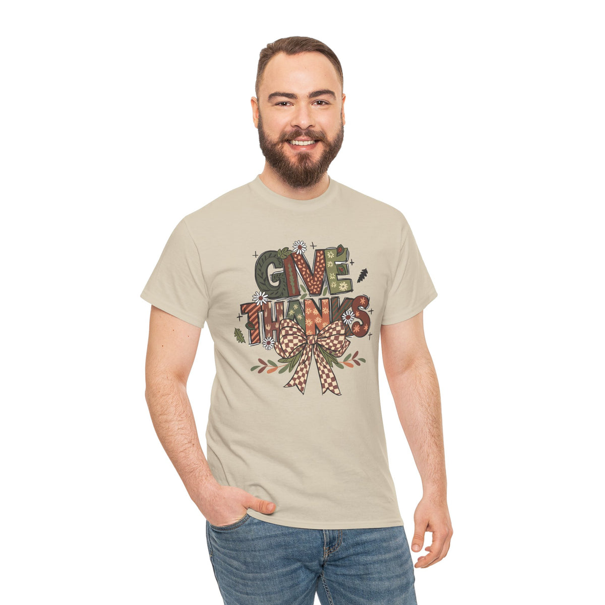 Model wearing the sand Give Thanks T-Shirt