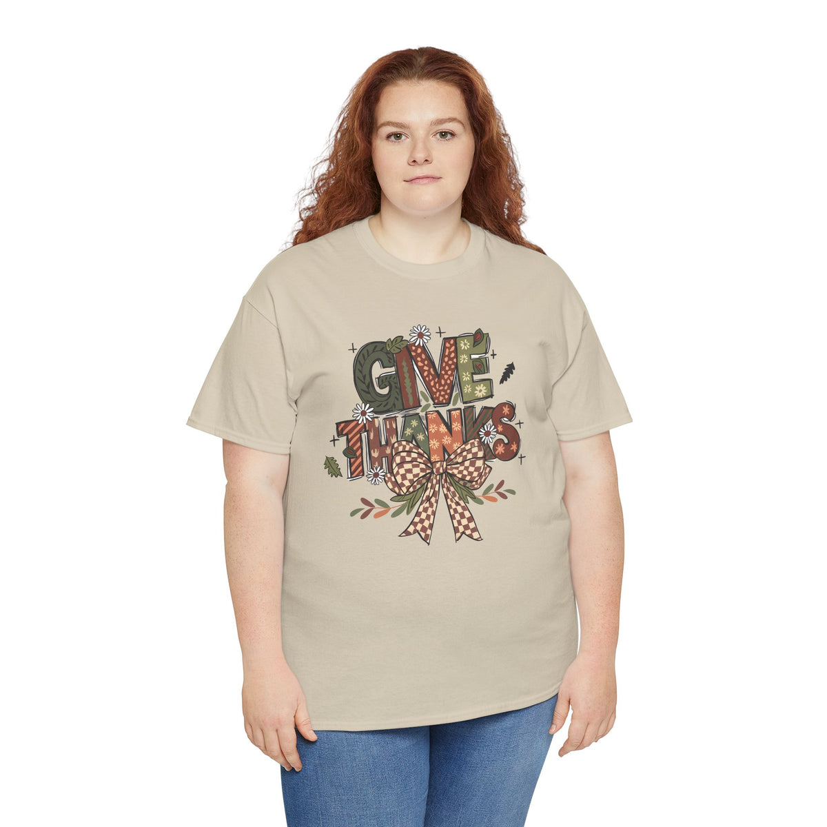 Model wearing the sand Give Thanks T-Shirt