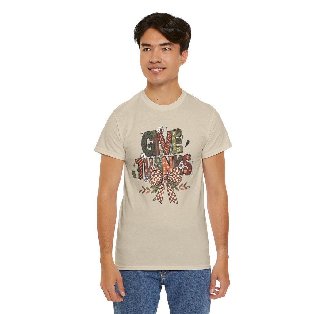 Model wearing the sand Give Thanks T-Shirt